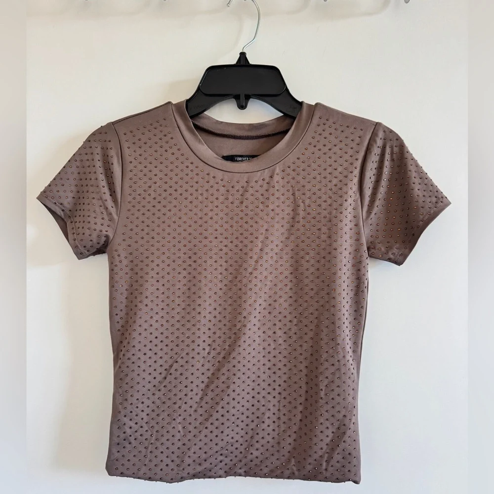 NWT Forever 21 set suit with rhinestones Brown Short Sleeve Top Pants S brown - Picture 9 of 9